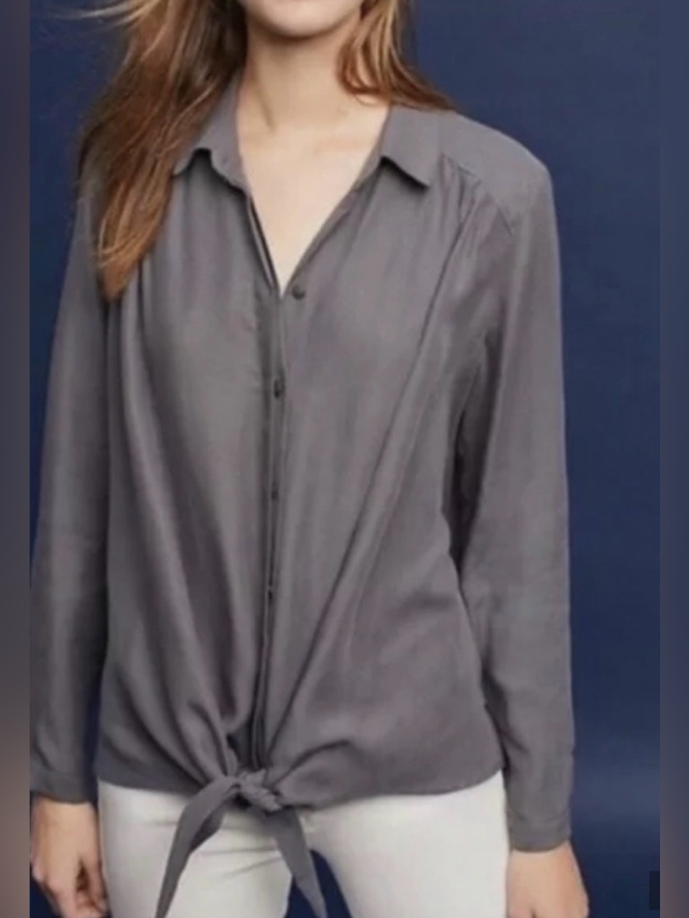 Anthropologie Maeve Tuesday Tencel Tie Front Blouse Top Grey Size XS